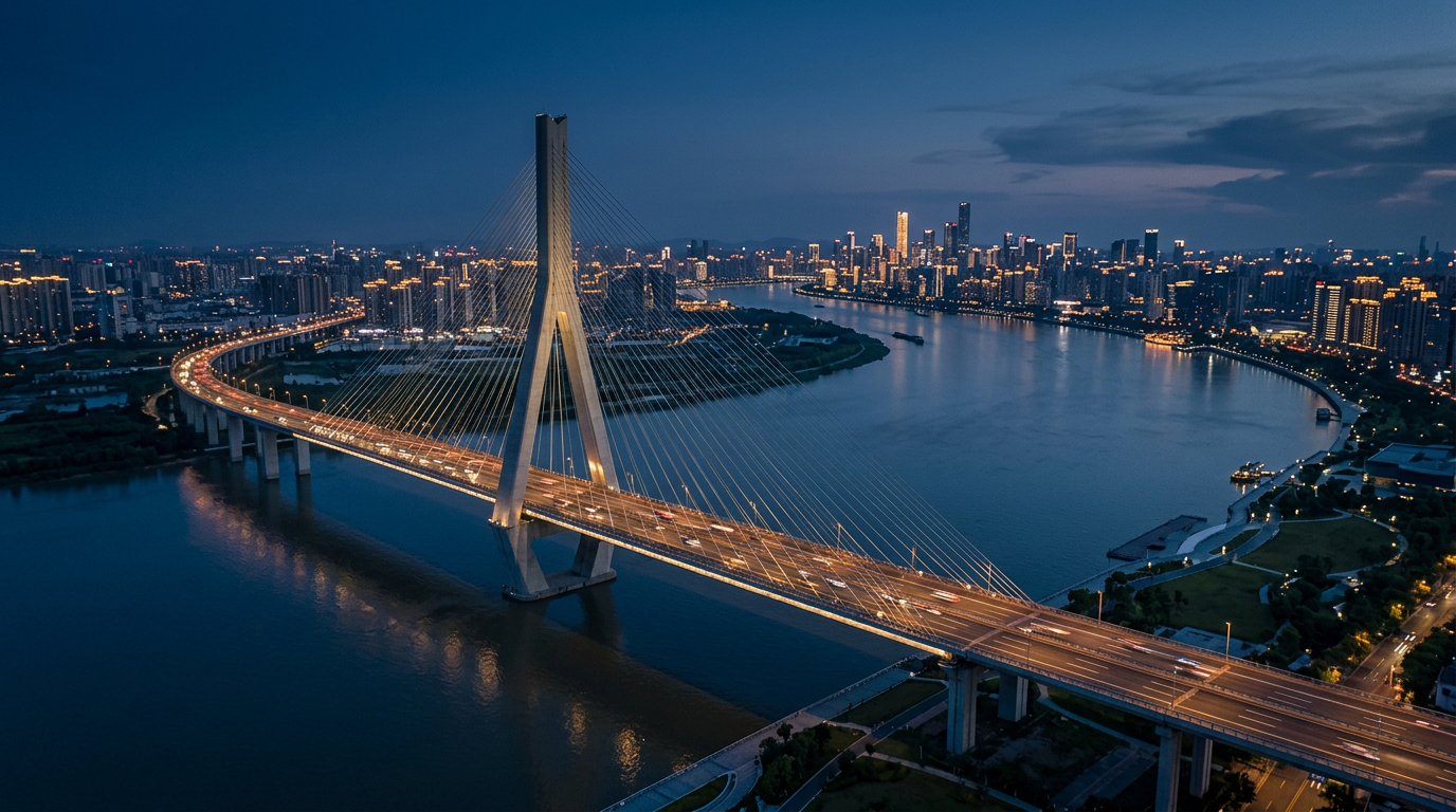 Cable-stayed bridge spanning a river at blue hour with a city skyline beyond