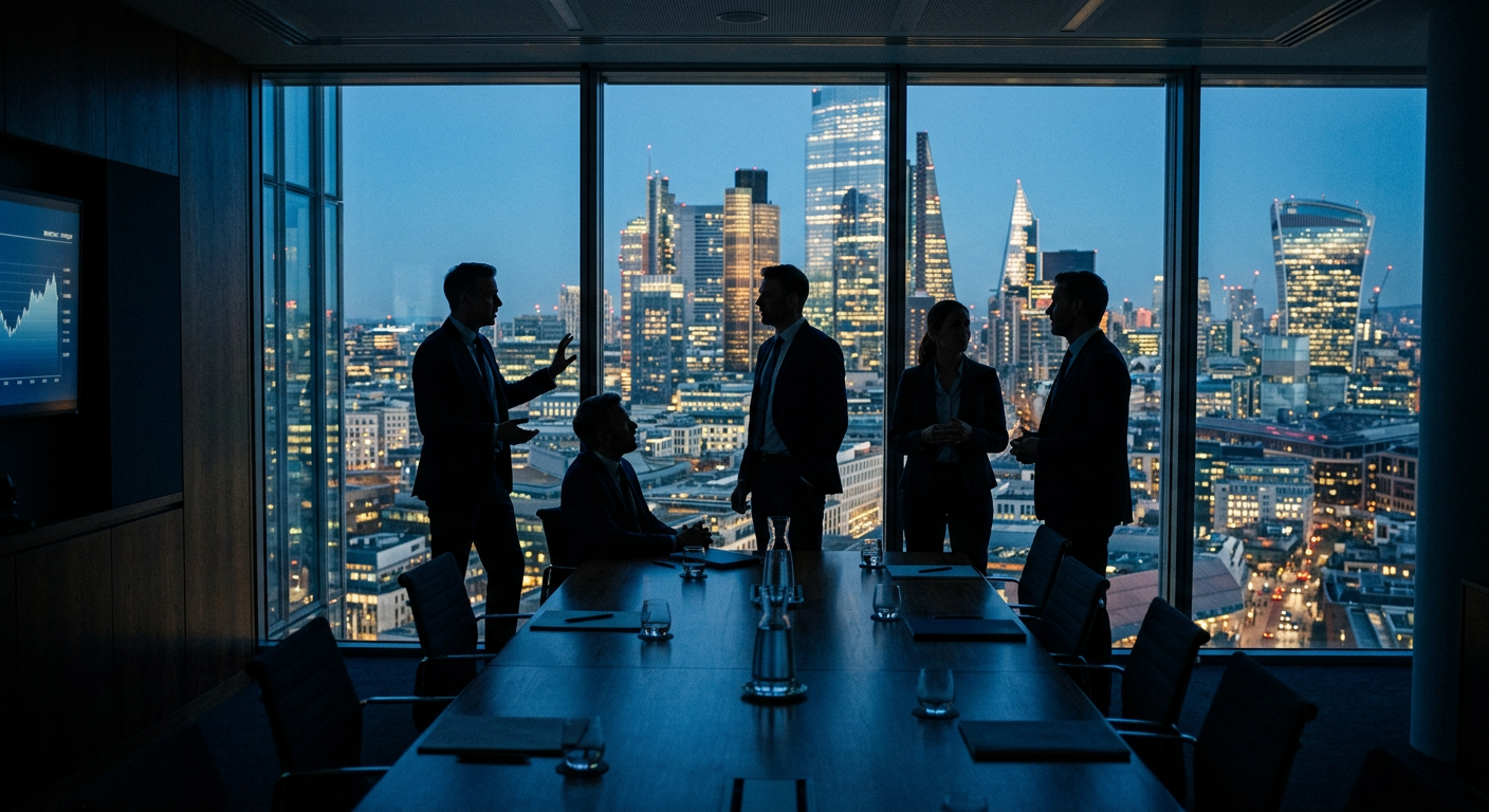 Executive boardroom overlooking a city skyline at dusk