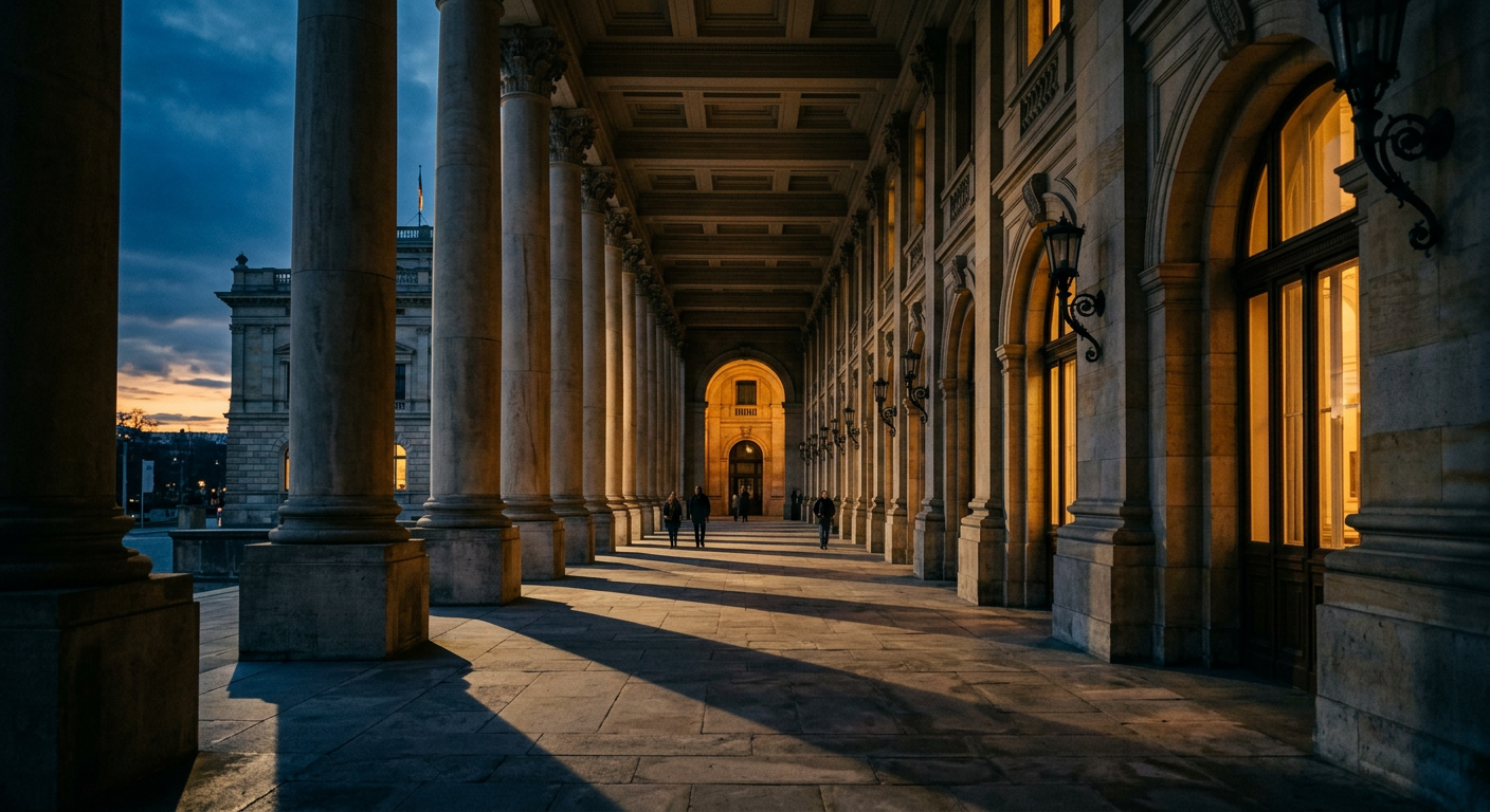 Institutional colonnade of a government building at dusk