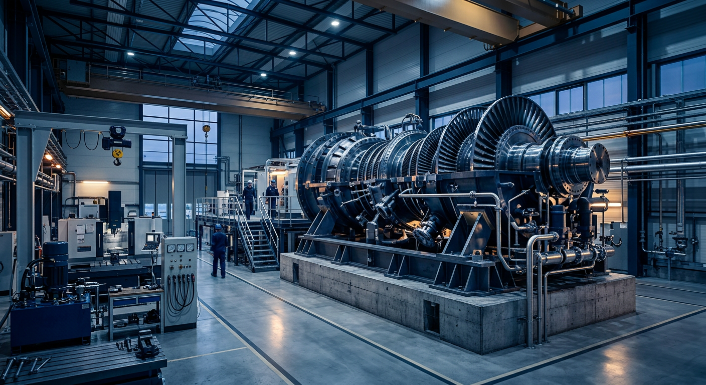 Heavy industrial turbine equipment in an engineering hall