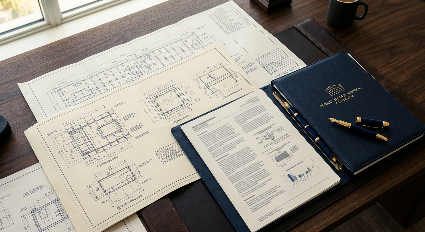 Engineering blueprints and bound tender documents on an executive desk